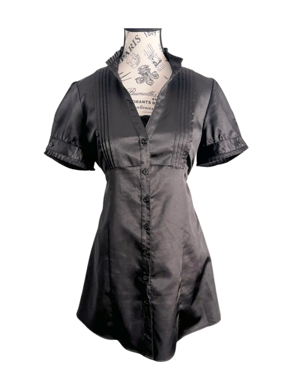 Y2K Smart Set black mini dress pleated Puffed Sleeves gothic corp tie back large